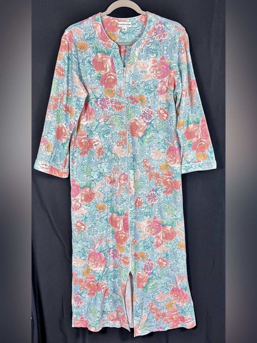 Miss Elaine House Robe S Floral Blue & Pink Roses Zip up Traditional nightgown